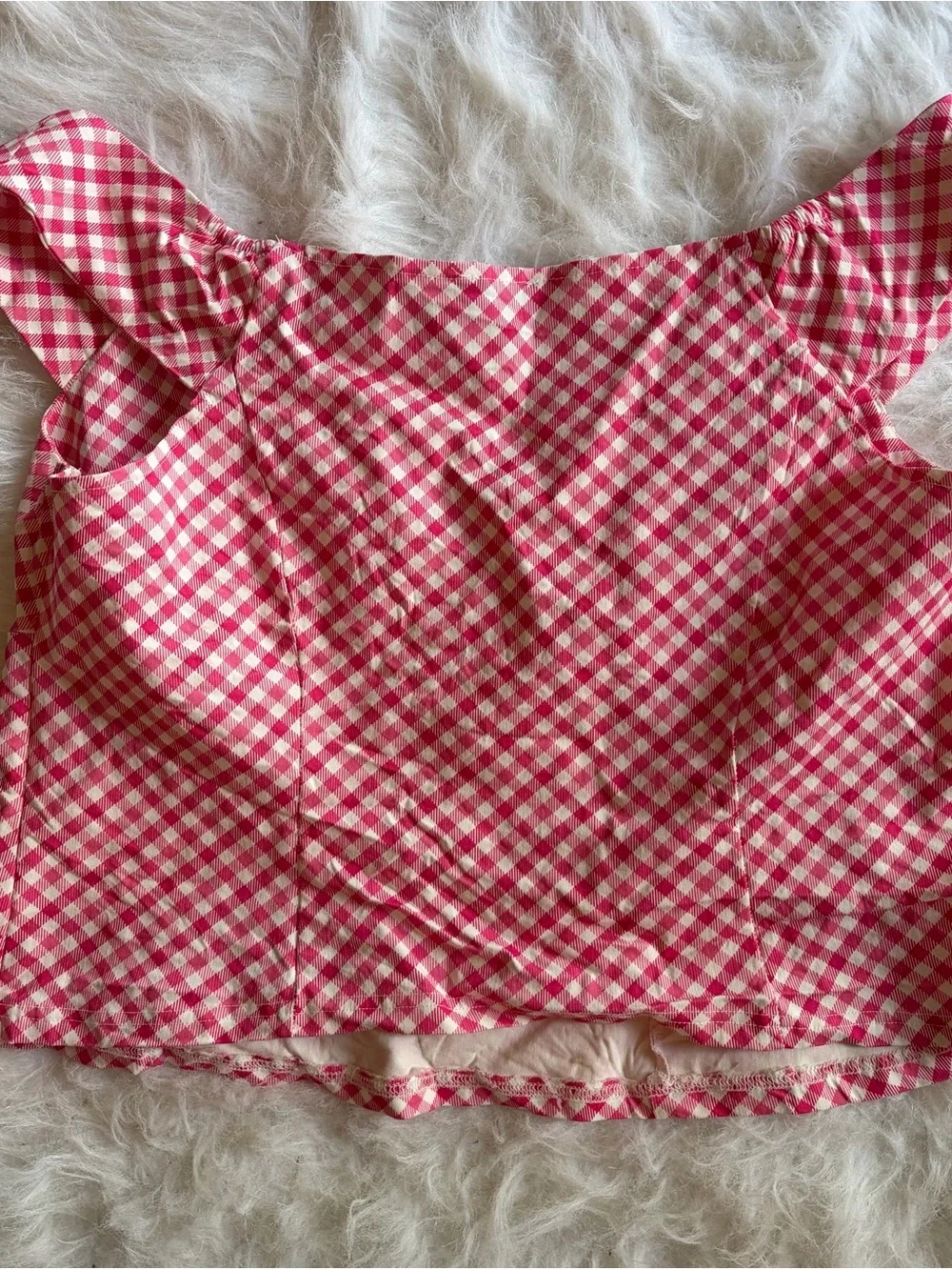 Unique Vintage Pink and White Gingham Off the shoulder cropped top